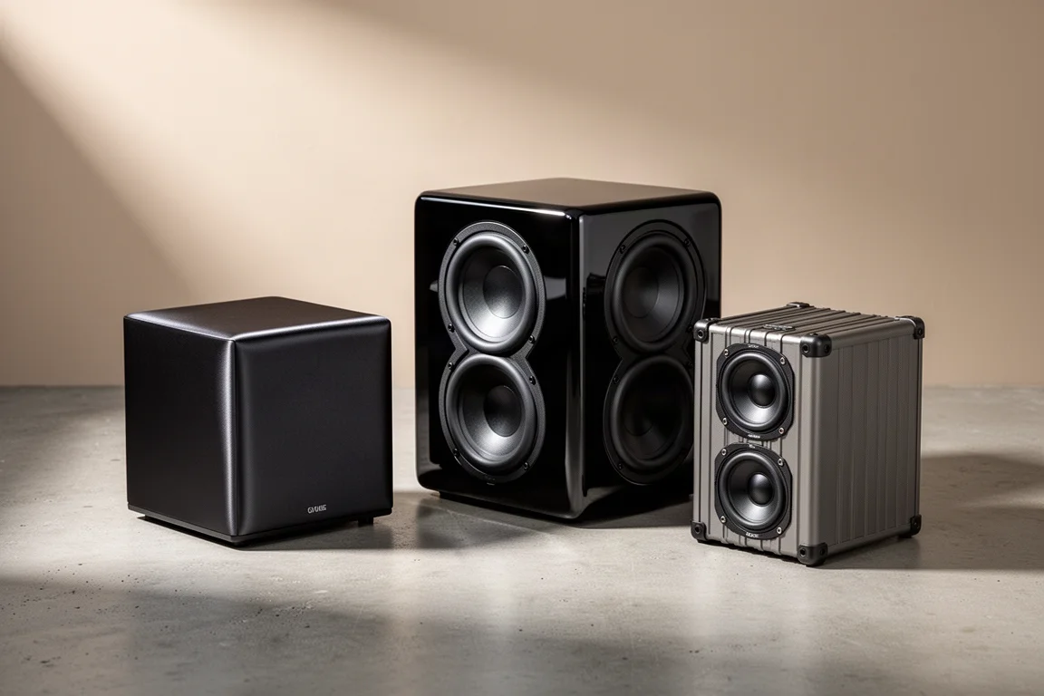 Three compact subwoofer cabinets in dark cube, gloss black and aluminium finishes on concrete