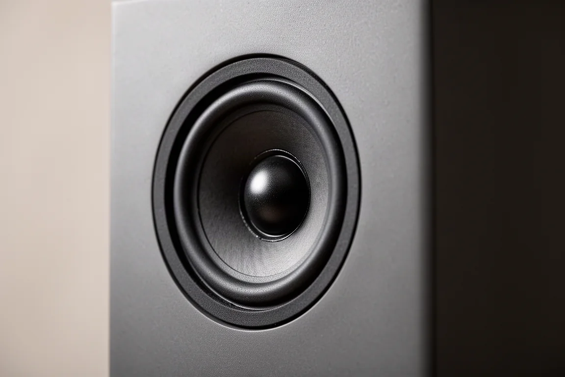 Gros plan sur le cône d'un haut-parleur de basses fréquences en mouvement dans un caisson compact
