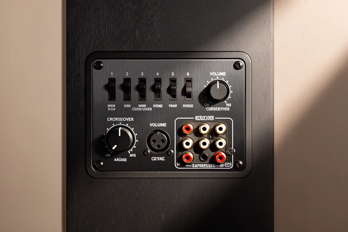 Panneau arrière d'un caisson de basses compact montrant les commutateurs d'égalisation et les connexions