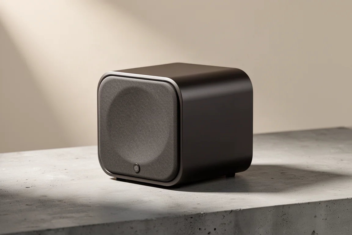 Compact cube-shaped subwoofer with matte dark finish on a concrete surface