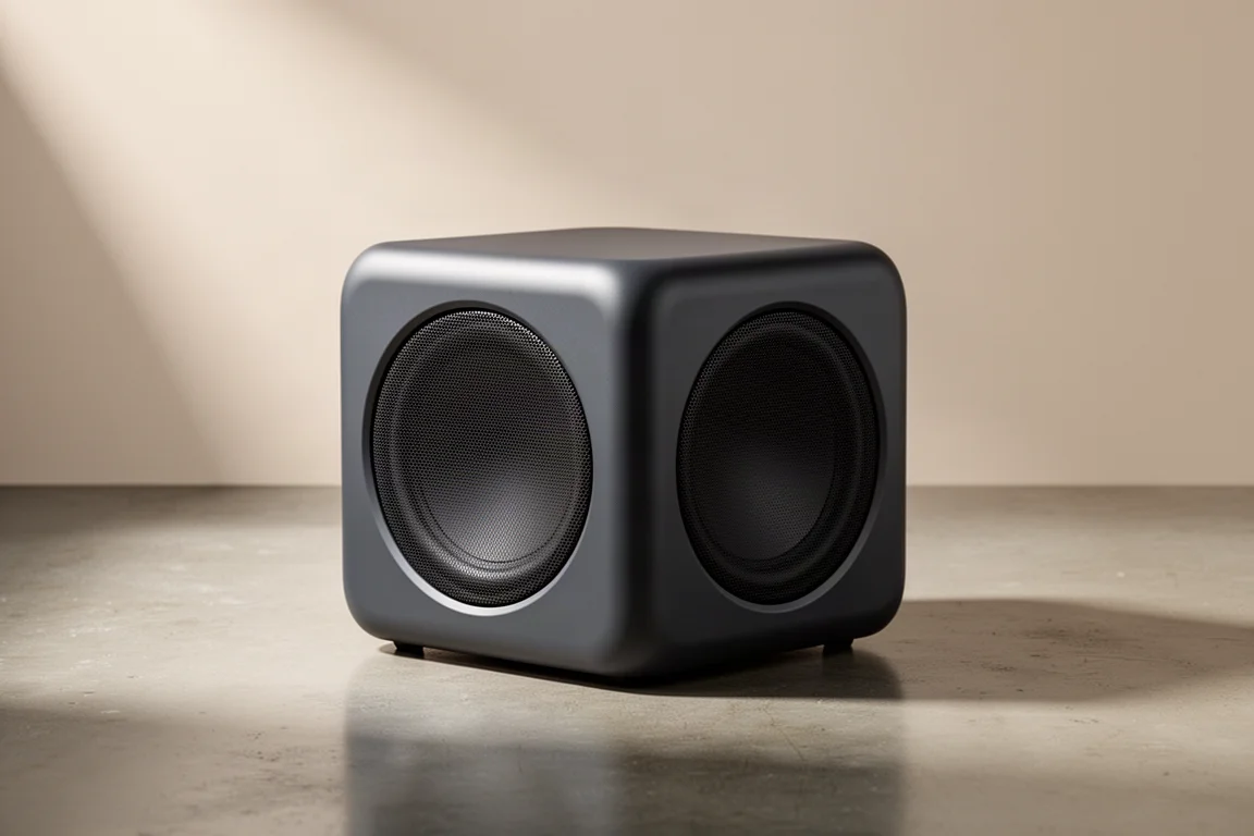 Compact matte dark grey cube-shaped subwoofer on a polished concrete floor