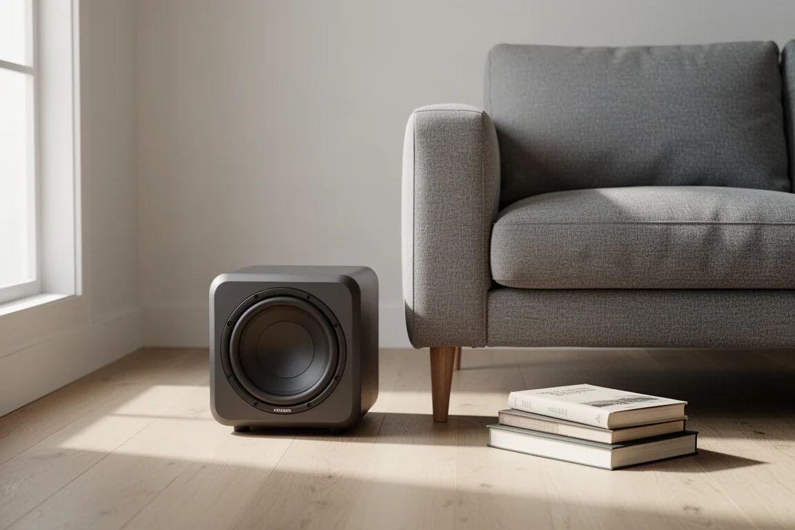 Compact subwoofer beside a grey sofa with books on a wooden floor