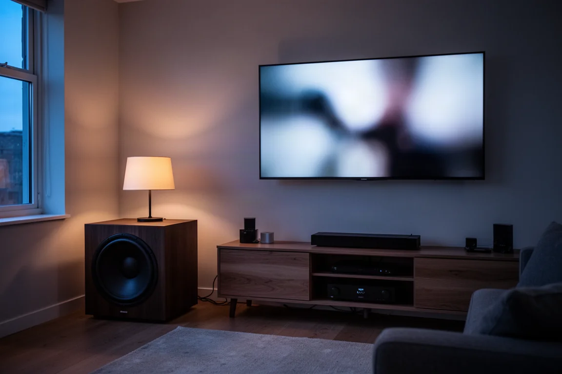 Subwoofer in a dim living room corner with a glowing screen at dusk
