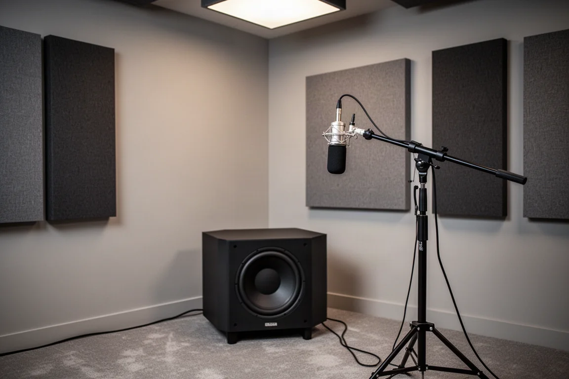 Measurement microphone and subwoofer in a room with acoustic panels