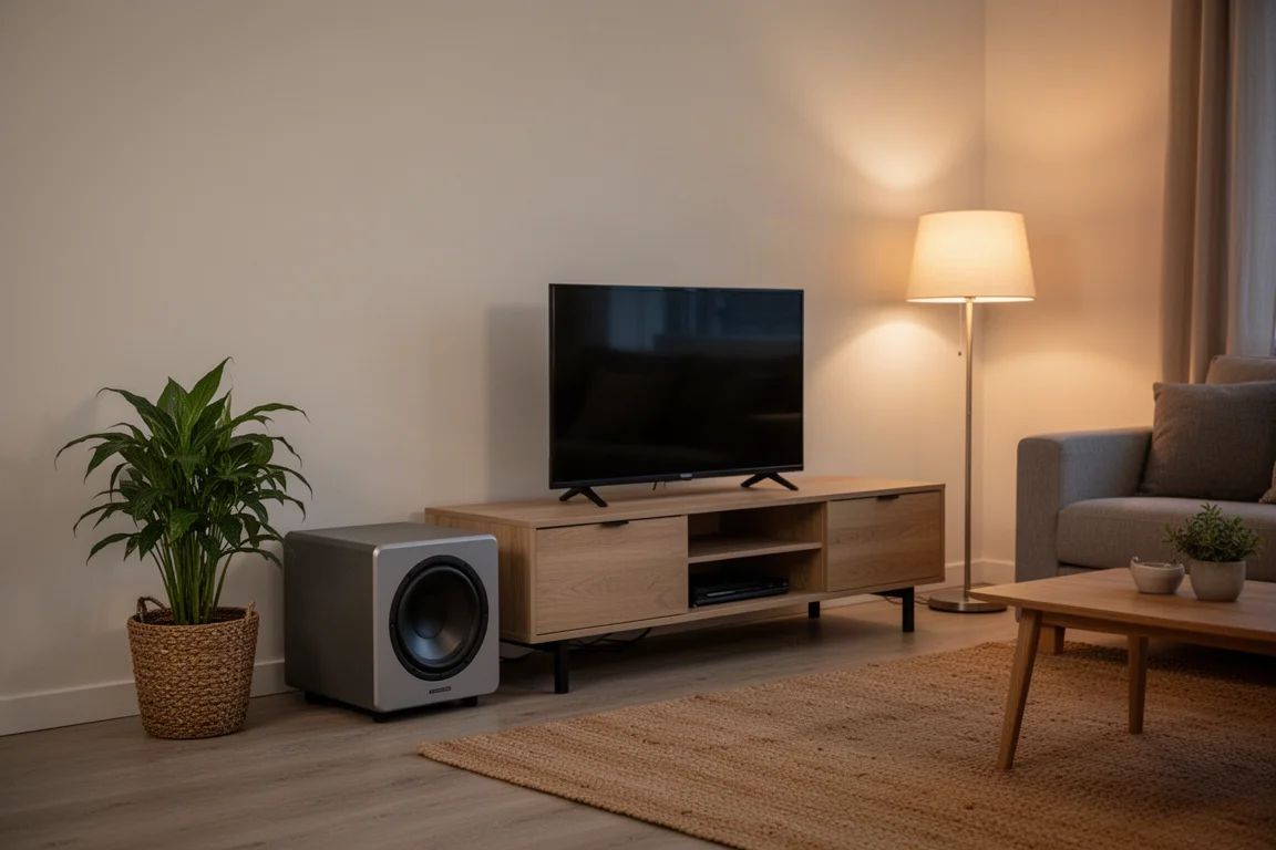 Compact subwoofer beside a media console in a small evening living room