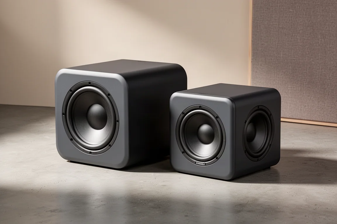 Two compact cube-shaped subwoofers of different sizes on a concrete floor