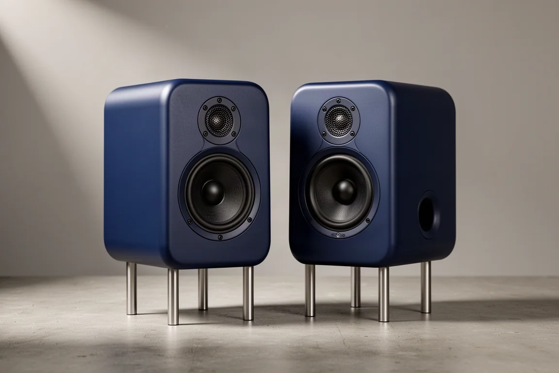 Two compact active bookshelf loudspeakers with concentric drivers on a concrete surface