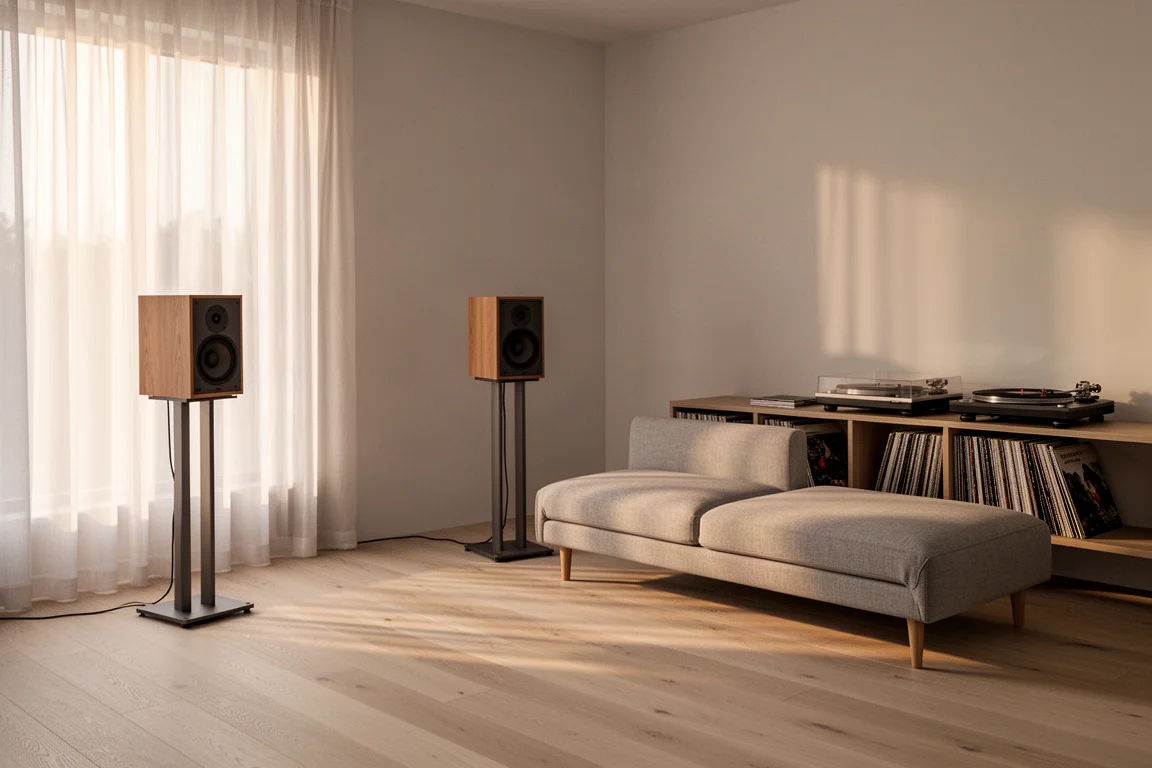 Minimalist listening room with two compact speakers on stands and a vinyl shelf