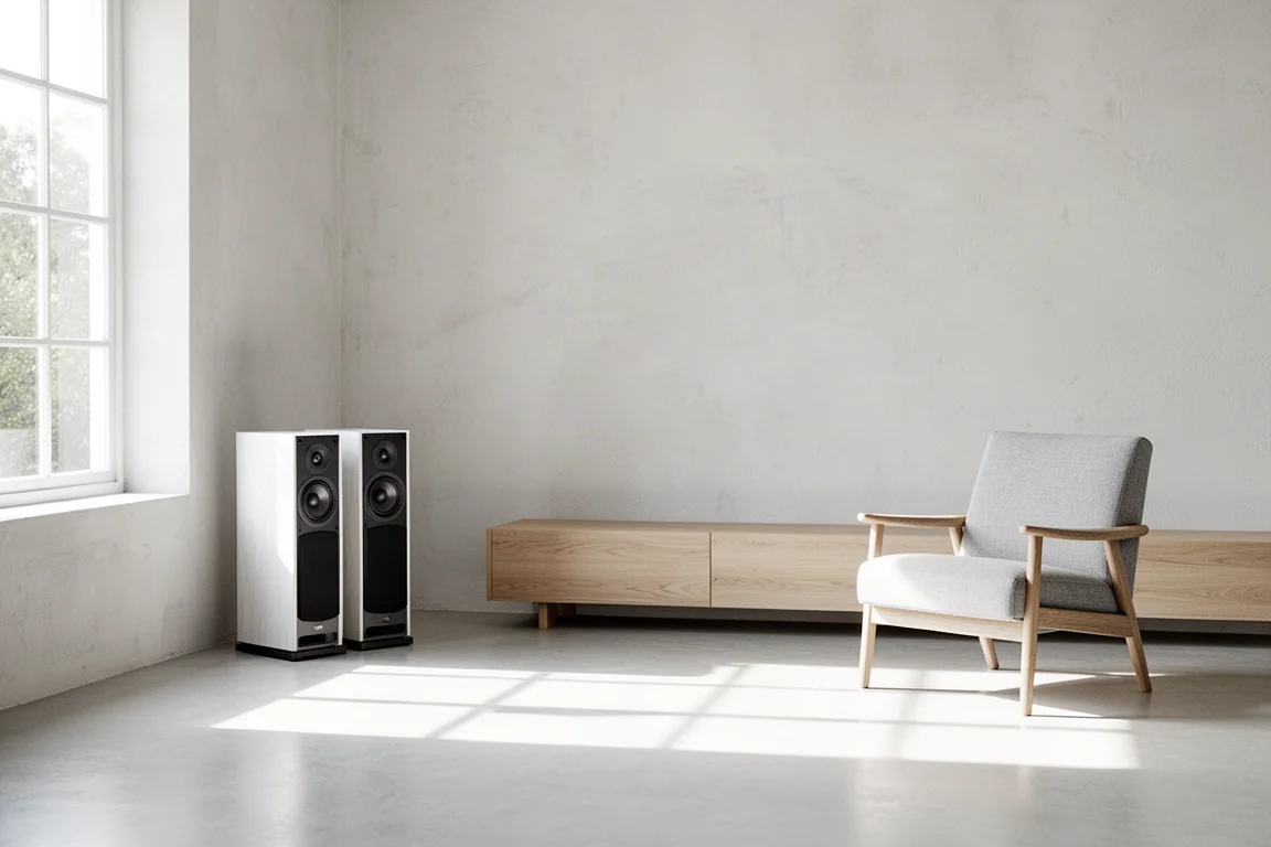 Sunlit living room with compact speakers near a bare wall and large windows