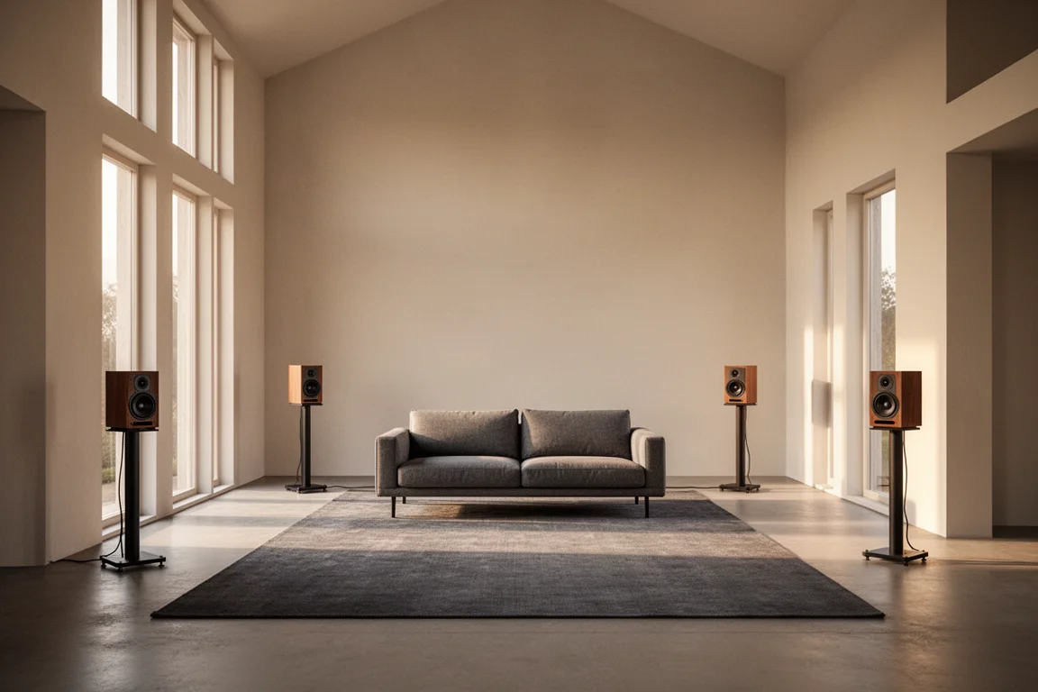 Wide open-plan room with two speakers set far apart on stands