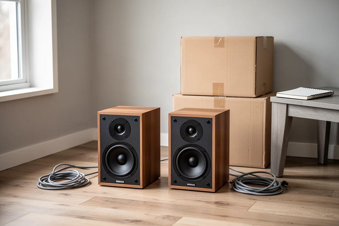 Two pairs of compact speakers side by side on a wooden floor with boxes