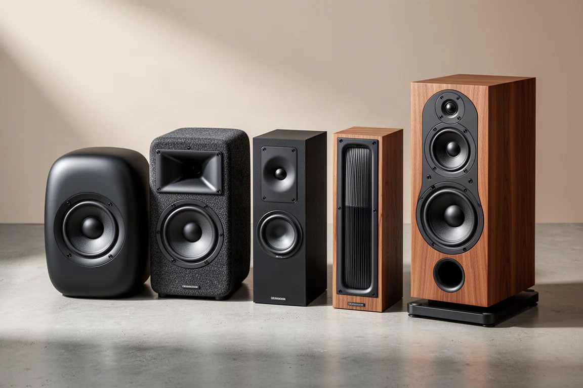 Six compact bookshelf speakers arranged in a row on a matte concrete surface