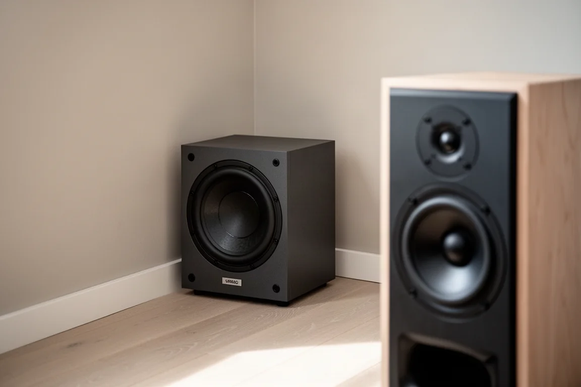 Caisson de basses et amplificateur à côté d'une enceinte compacte dans un salon