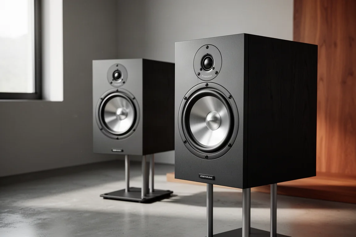 Compact bookshelf speaker with copper concentric driver on a concrete surface