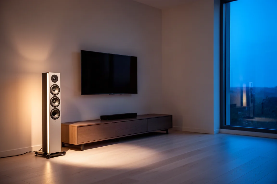 Schlanke Standlautsprecher in einem hellen minimalistischen Wohnzimmer integriert