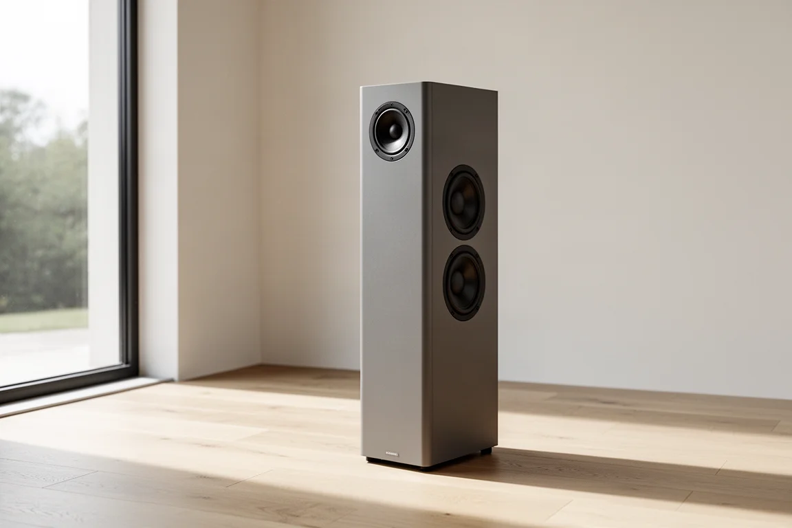Pair of very slim matte grey floorstanding wireless speakers on plinths against a neutral wall