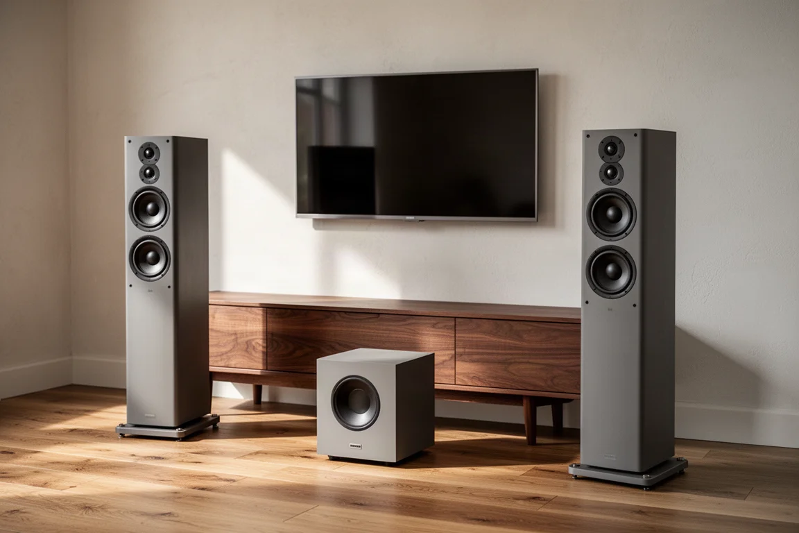 Two tall active floorstanding speakers and a compact subwoofer in a neutral living room