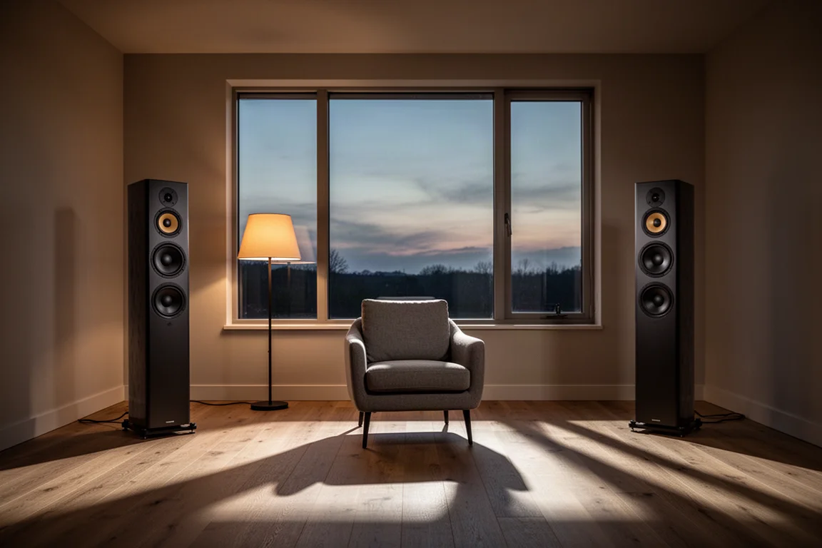 Sala de escucha con poca luz al atardecer, con altavoces de suelo altos y esbeltos y un sillón