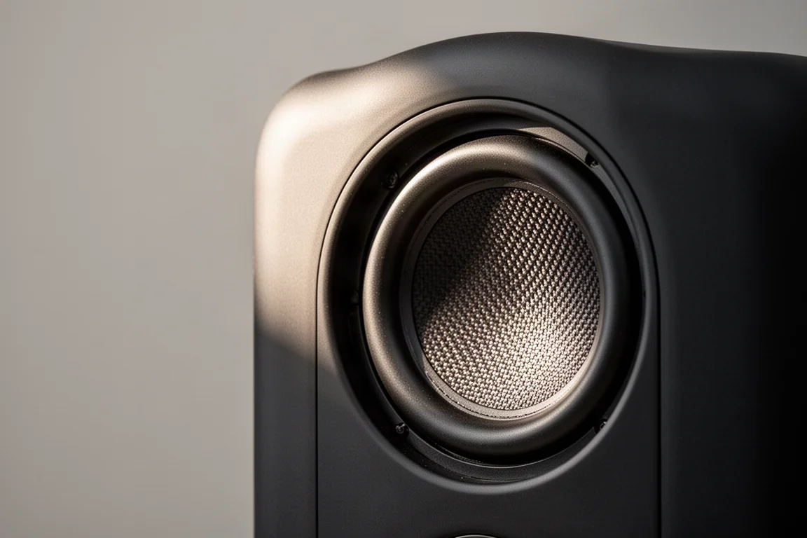 Primer plano del woofer lateral de un subwoofer compacto y el borde mate del gabinete