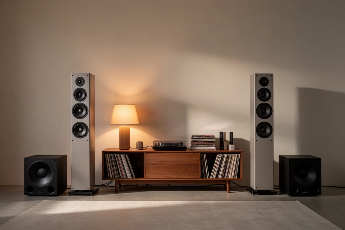 Sala de estar por la noche con dos altavoces de suelo y dos subwoofers compactos