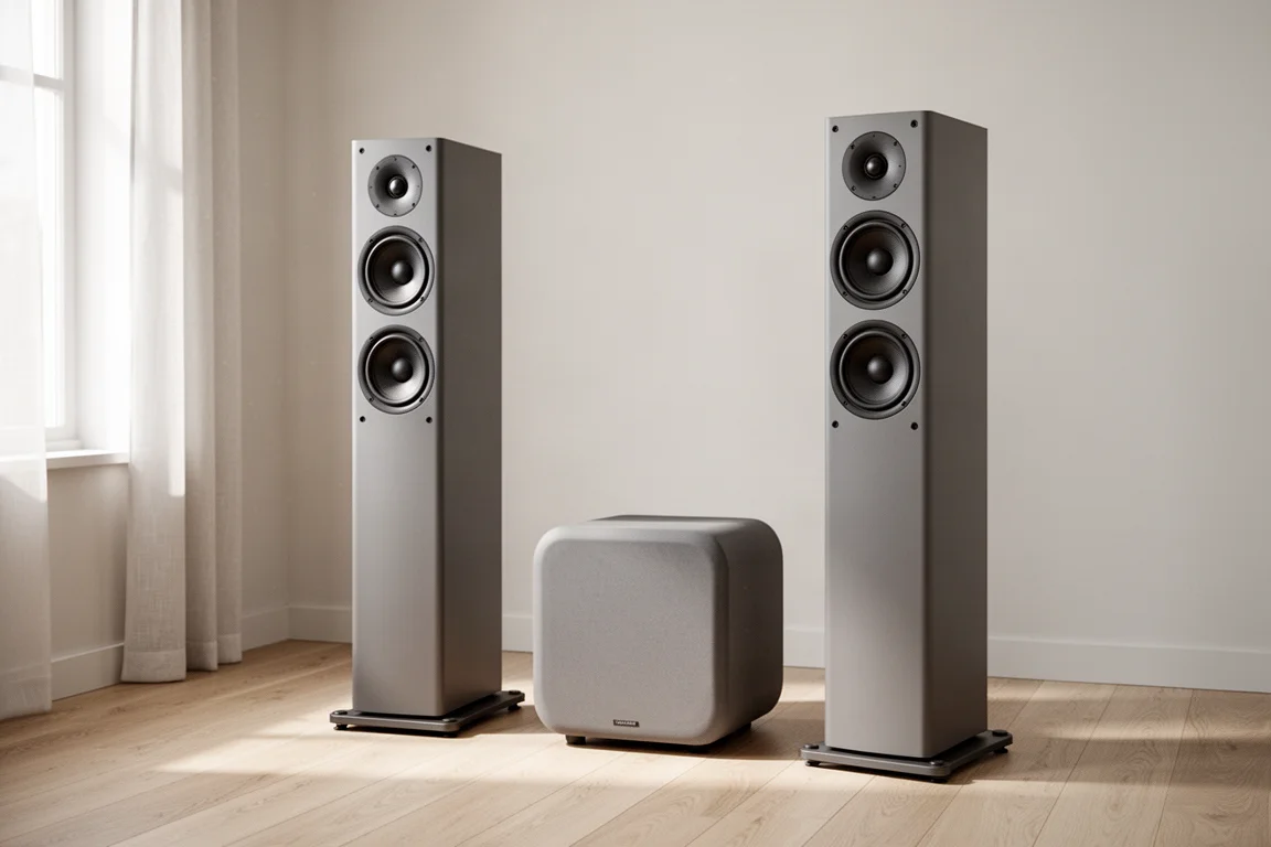 Pair of slim floorstanding speakers and a compact cube subwoofer in a minimal listening room