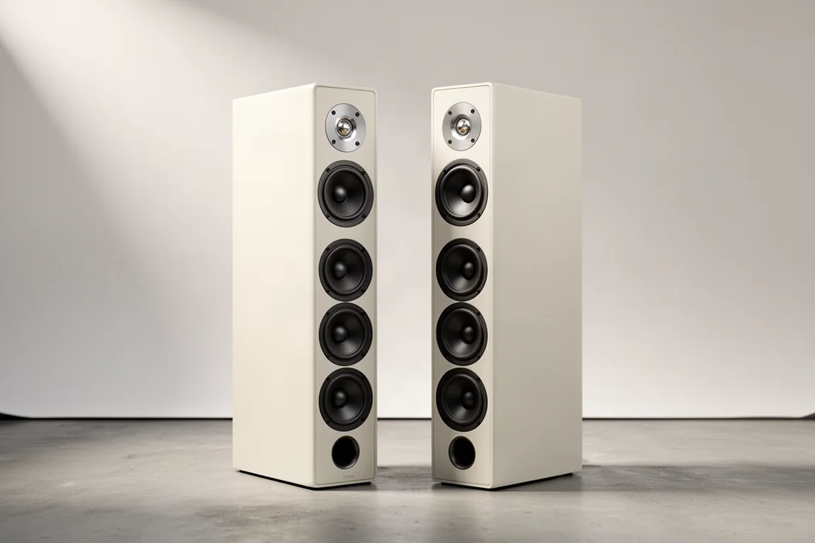 Slim titanium grey floorstanding streaming loudspeaker on a concrete floor against a grey backdrop