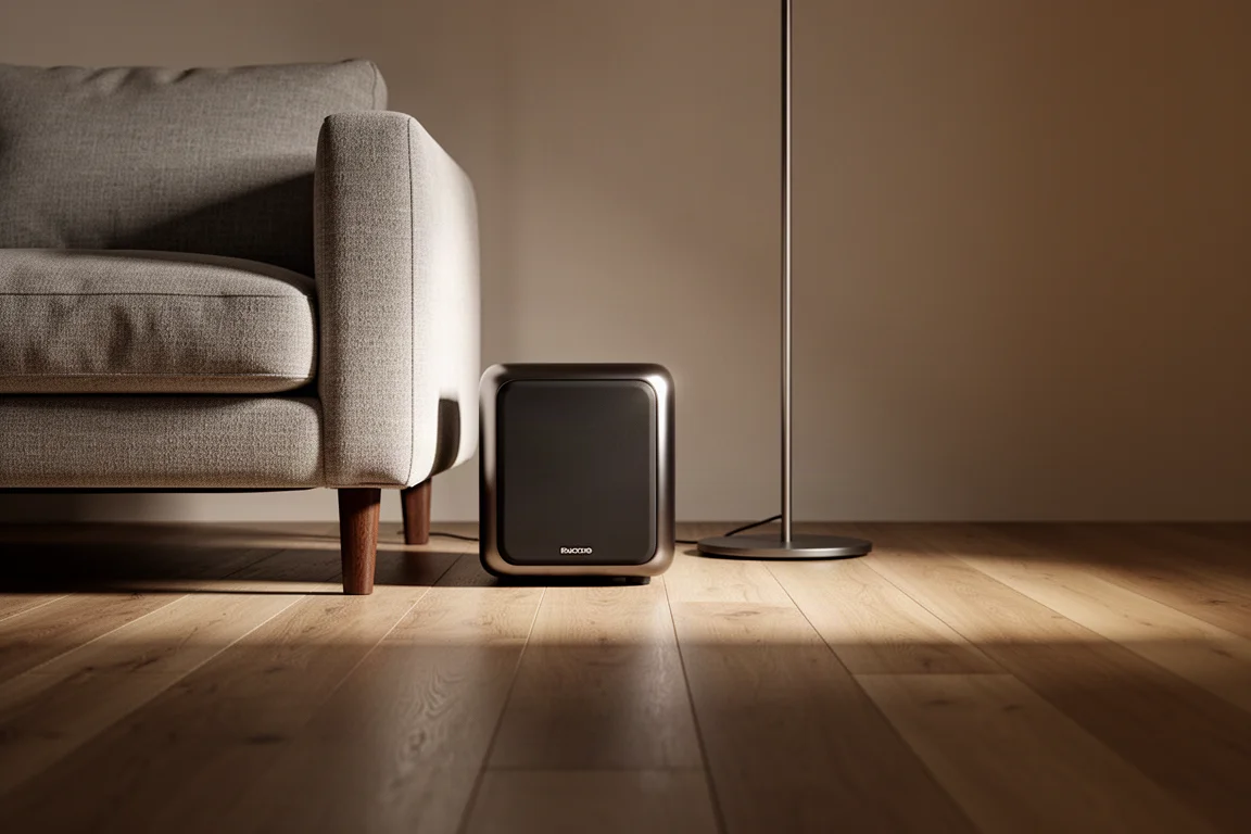 Veduta dal basso di un subwoofer cubico compatto su pavimento in legno accanto a un divano e una lampada