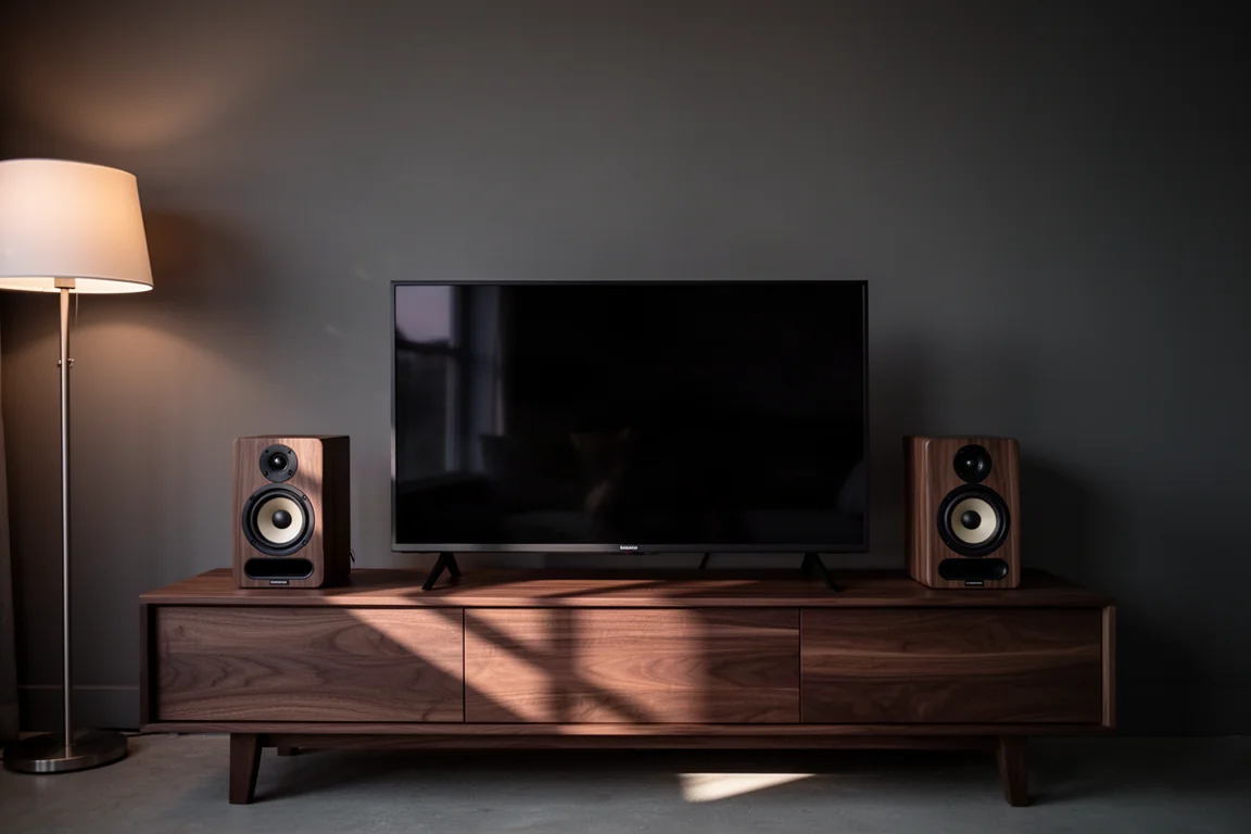 Due diffusori compatti ai lati di un televisore su una console in legno in una stanza in penombra