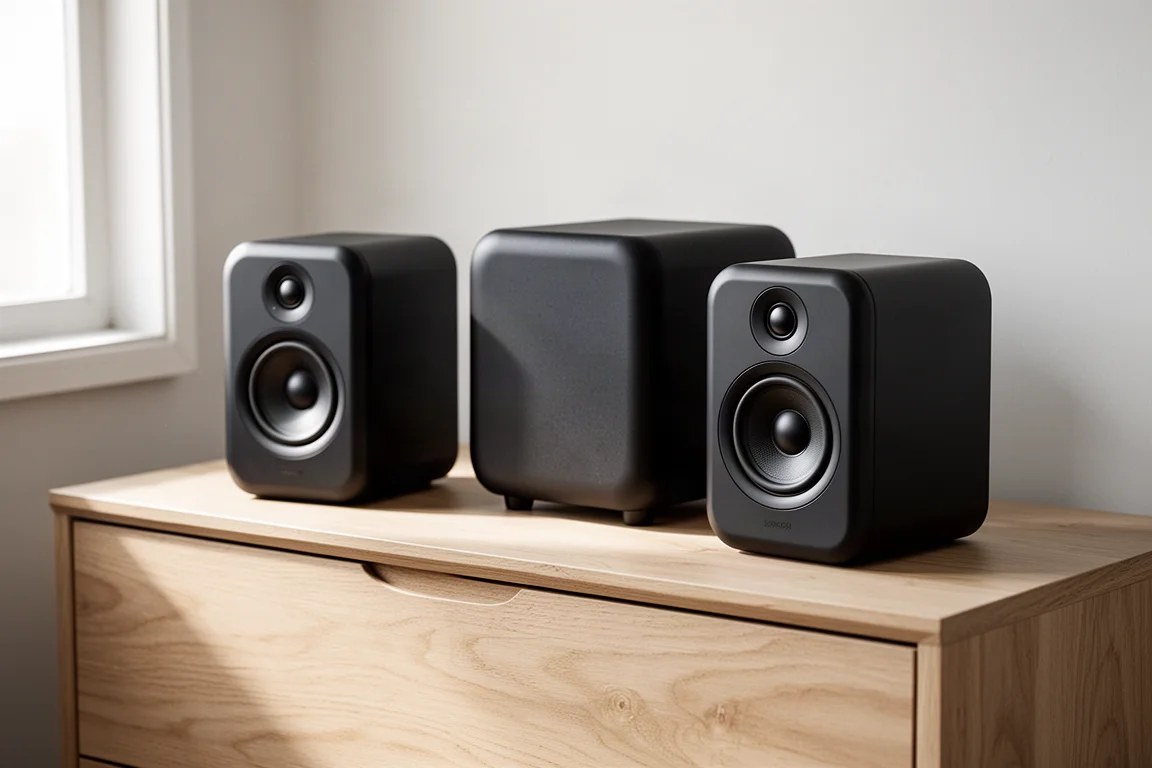 Compact matte black wireless speakers and a small cube subwoofer on a pale oak sideboard