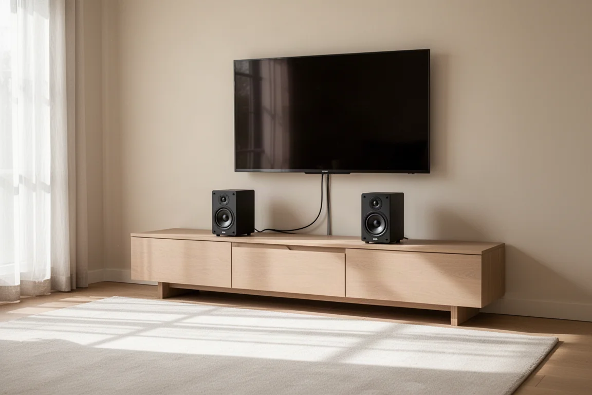 Subwoofer compatto accanto a una console multimediale con stand per diffusori dietro