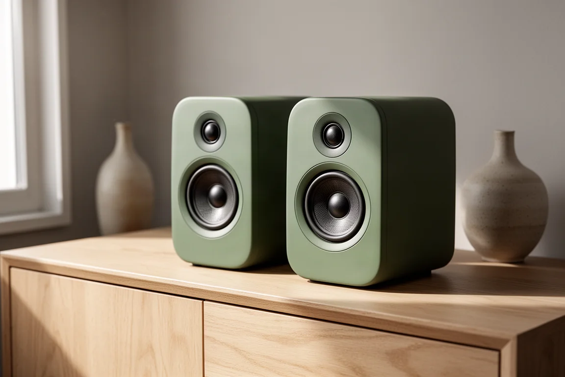 Two compact KEF LSX II LT speakers in midnight blue on a pale oak media console