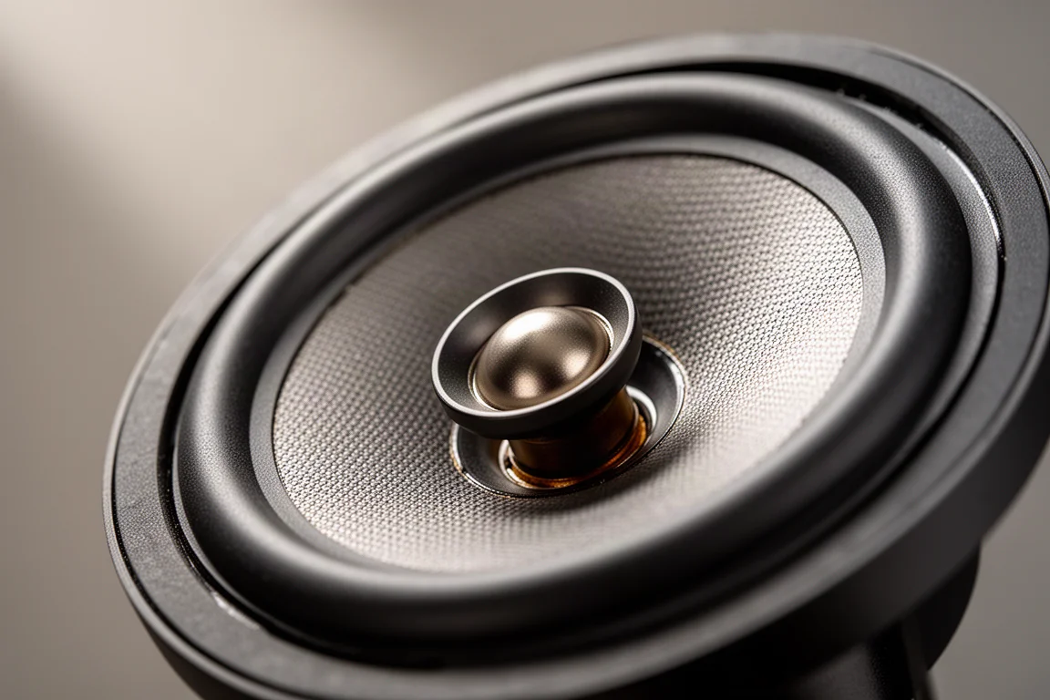 Dettaglio macro di un driver coassiale con tweeter centrale e cono mid-bass