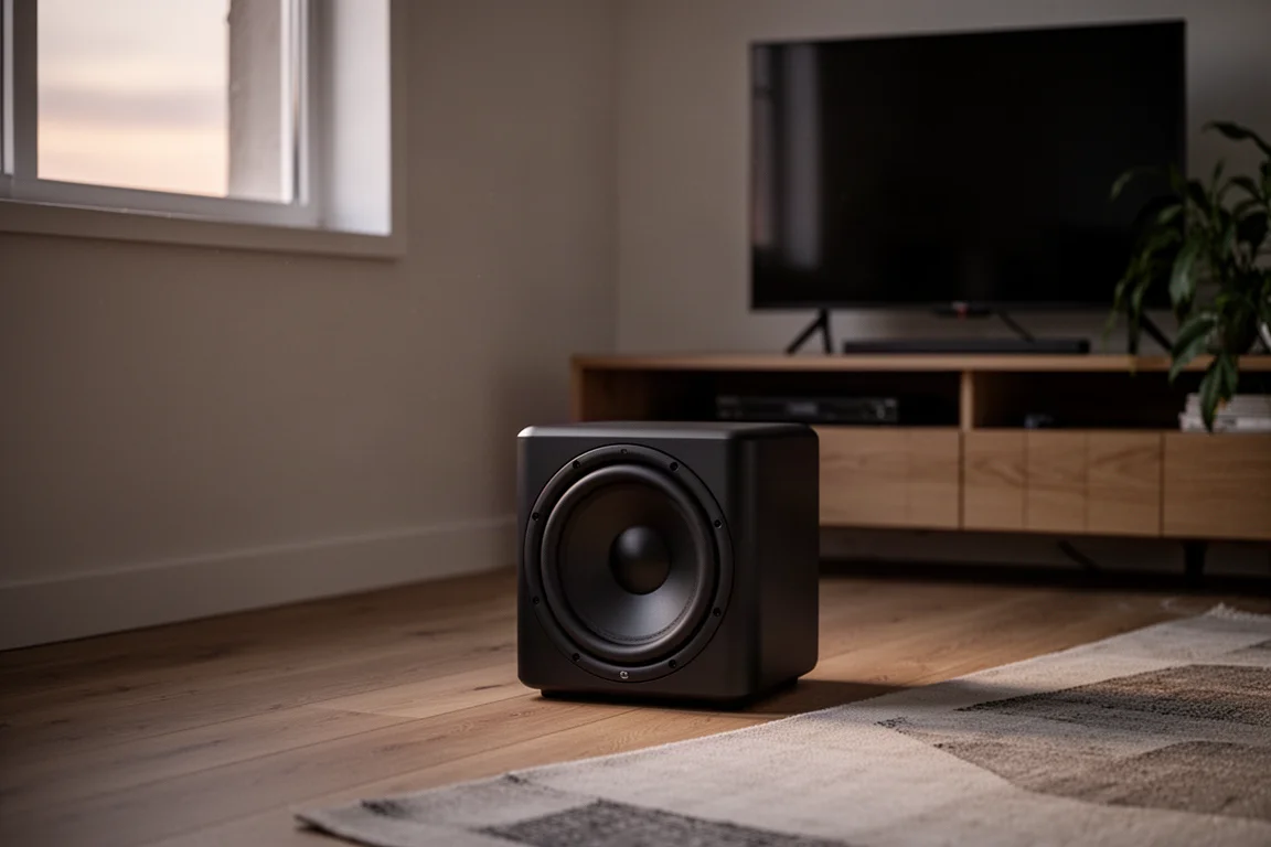 Subwoofer compatto accanto a una bassa console multimediale su pavimento in legno nella luce serale
