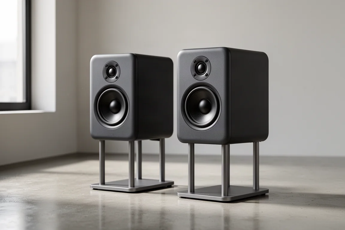 Pair of compact active bookshelf speakers on slim metal stands on a polished concrete floor