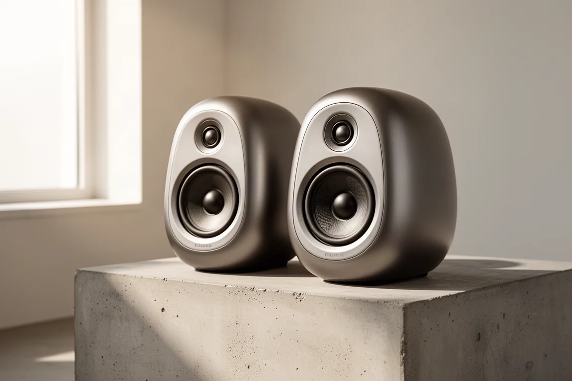 Pair of compact sculptural wireless speakers with concentric drivers on a concrete plinth