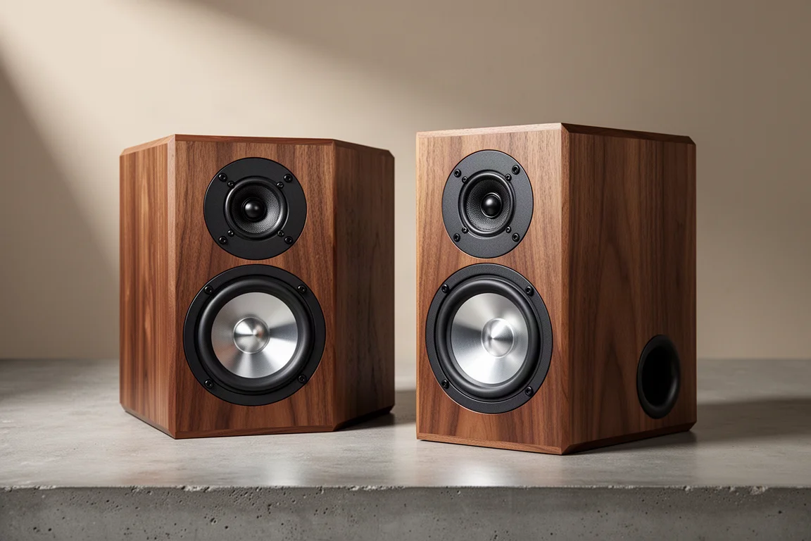 Pair of compact three-way standmount speakers on slim stands against a neutral grey backdrop