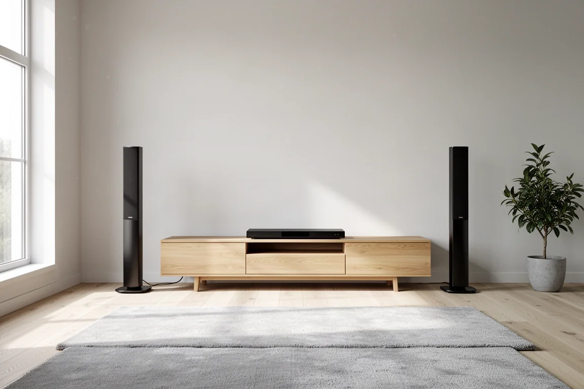 Salon lumineux avec deux fines enceintes colonnes noires de part et d'autre d'un meuble TV en bois