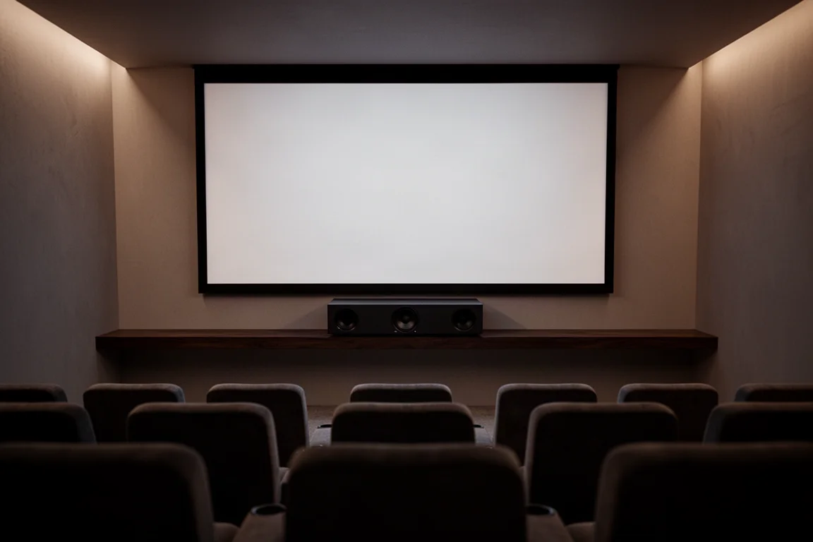 Salle de home cinéma tamisée avec une enceinte centrale basse sous un écran vide