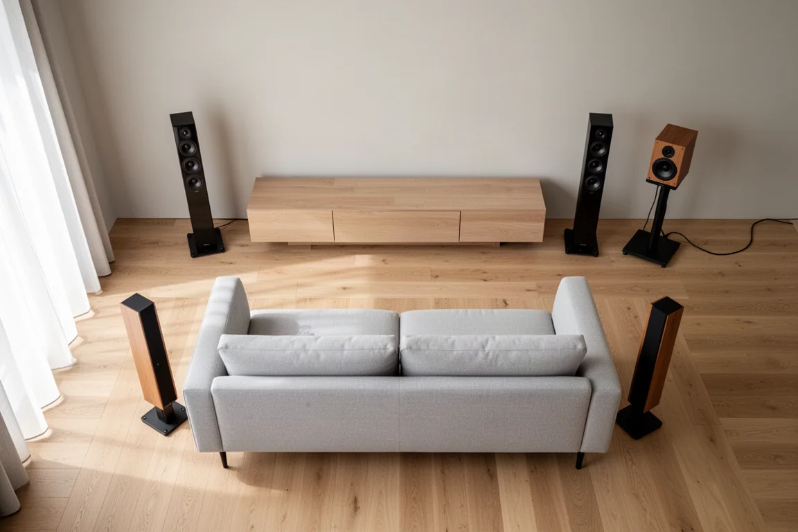 Vue plongeante d'un salon minimaliste avec des enceintes disposées autour d'un canapé