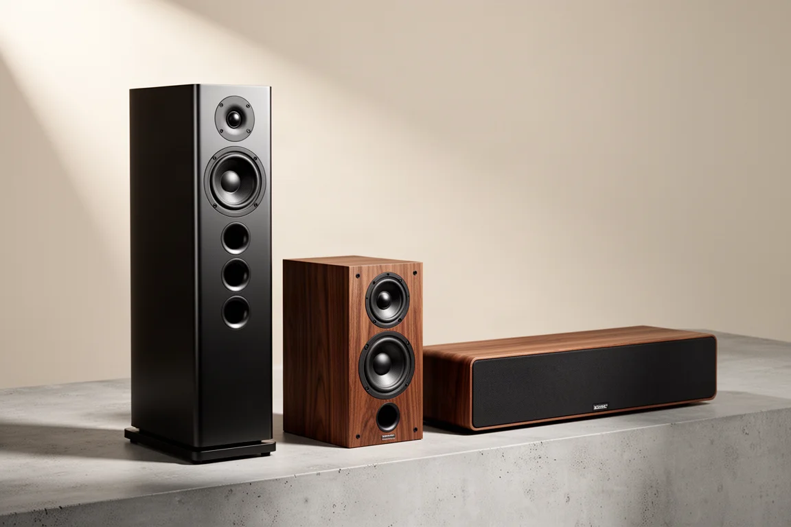 Three loudspeakers on a concrete surface: a black floorstander, a walnut bookshelf model and a wide center channel