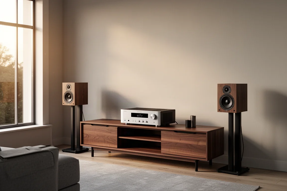 Schlanker Verstärker und kompakte Regallautsprecher in einem modernen Wohnzimmer-Setup