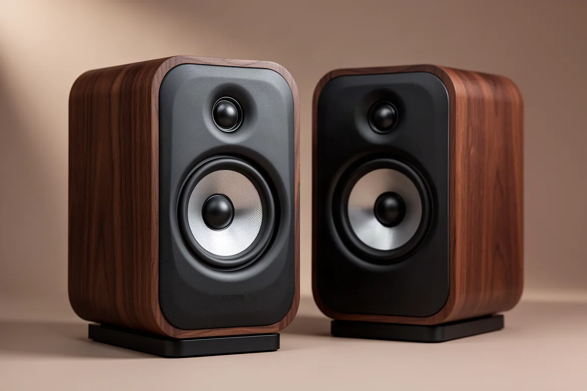 Pair of compact dark walnut coaxial bookshelf speakers on stands against a grey backdrop