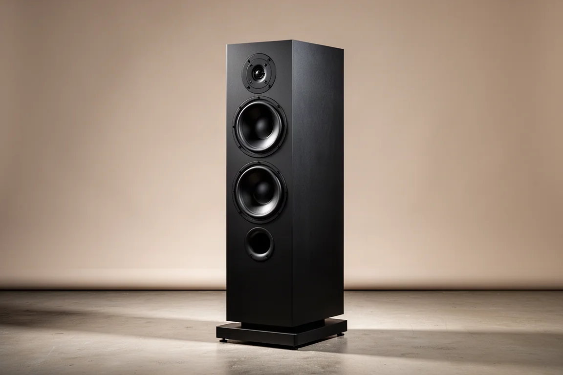 Pair of tall matte black floorstanding tower speakers on a light oak floor