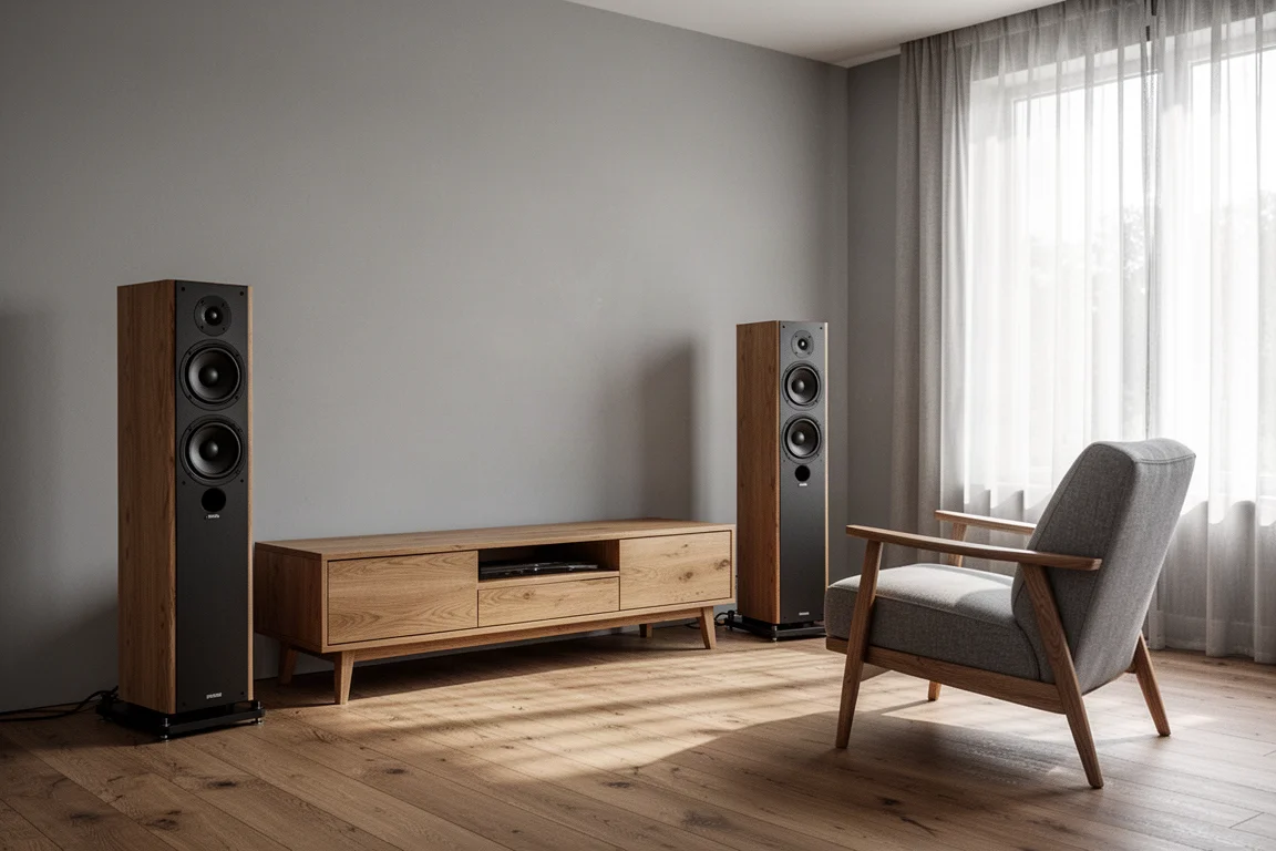 Living room with two floorstanding tower speakers flanking a low wooden console