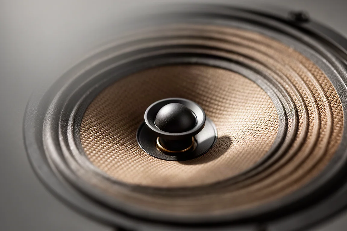 Close-up of a speaker cone with a central tweeter in soft raking light