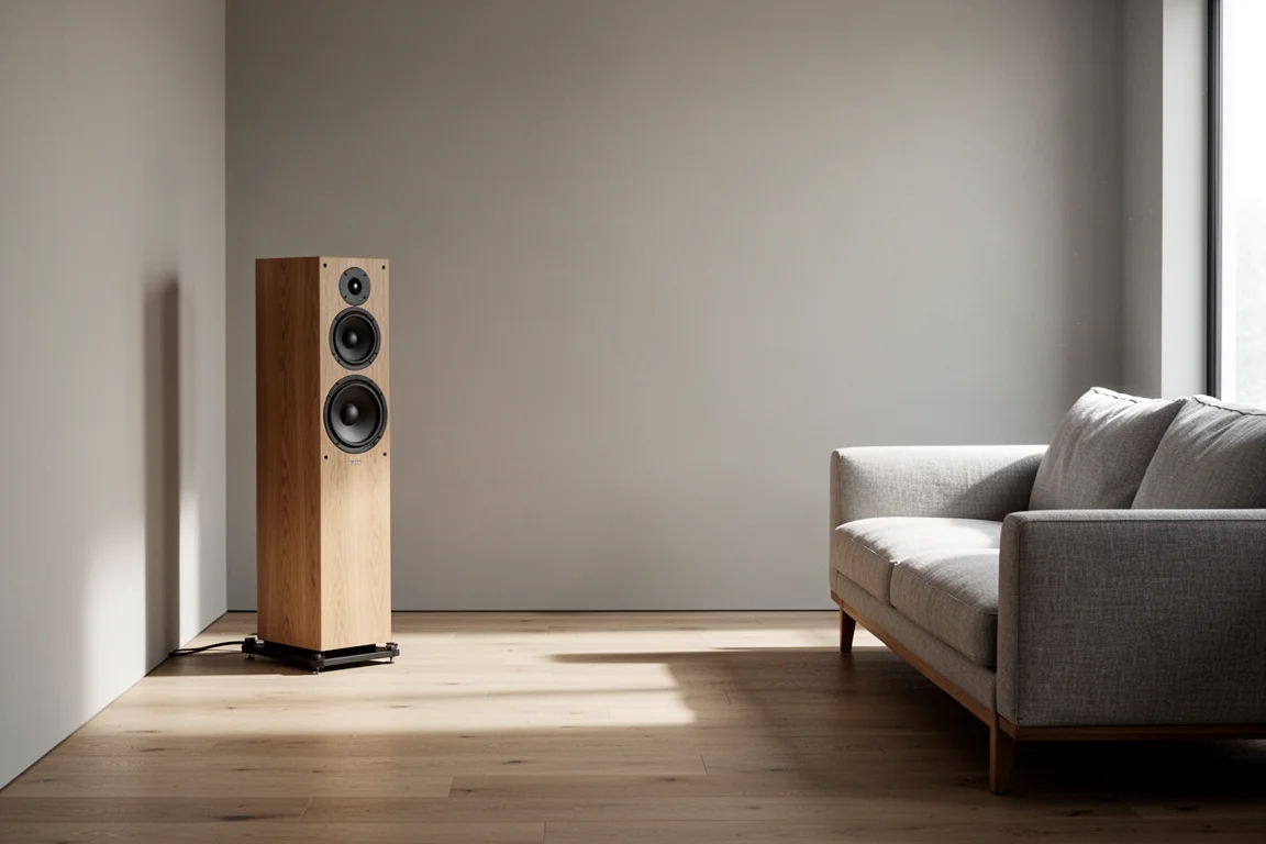 Floorstanding speaker placed near a side wall in a living room with a sofa