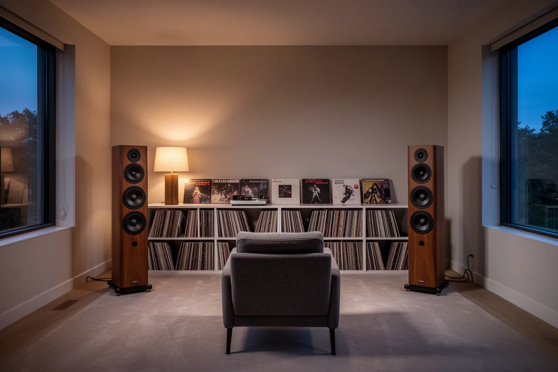 Listening room at dusk with two tower speakers spaced apart facing an armchair