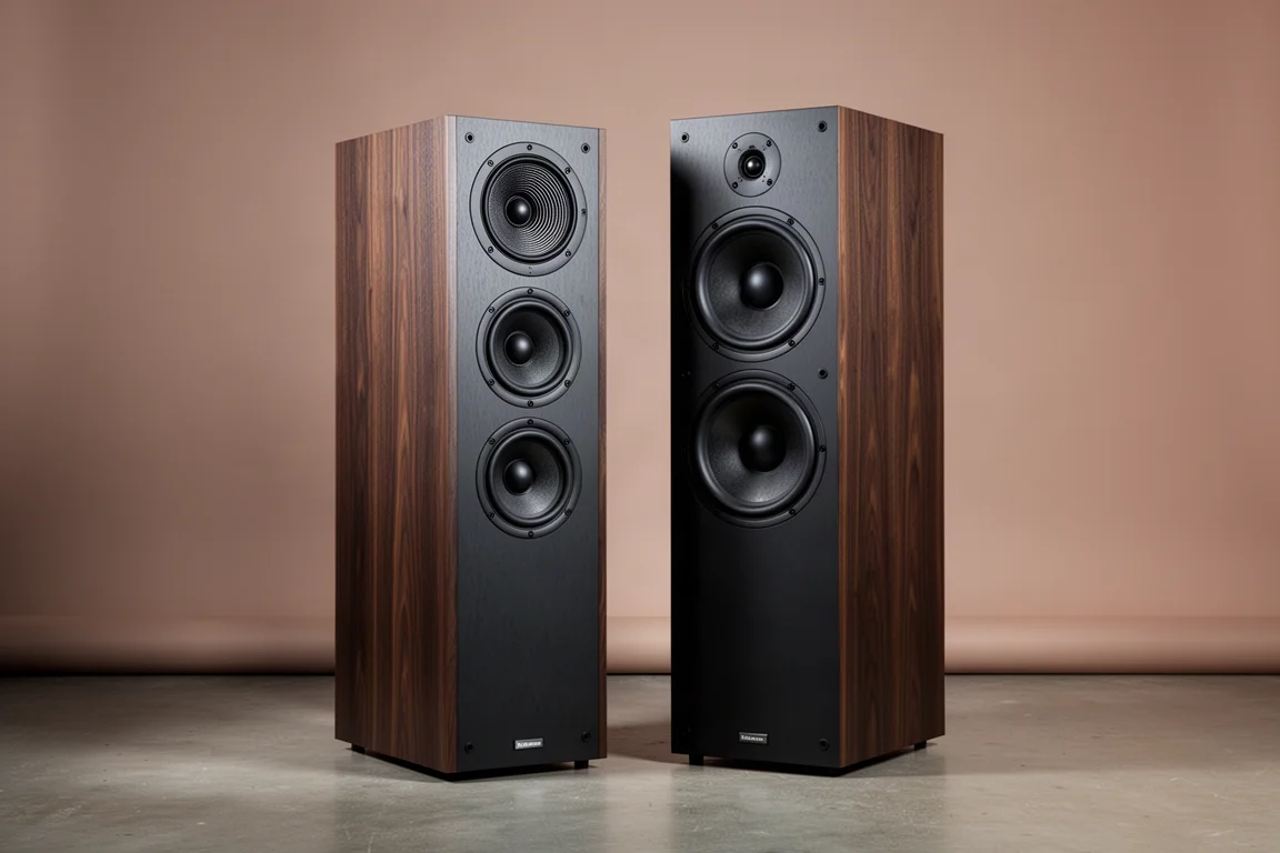 Two floorstanding tower speakers side by side on concrete against a warm grey backdrop