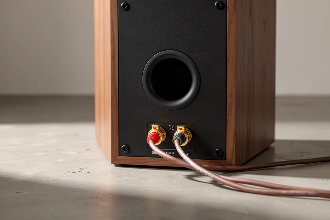 Gros plan sur l'évent arrière et les bornes de connexion d'une enceinte avec câble