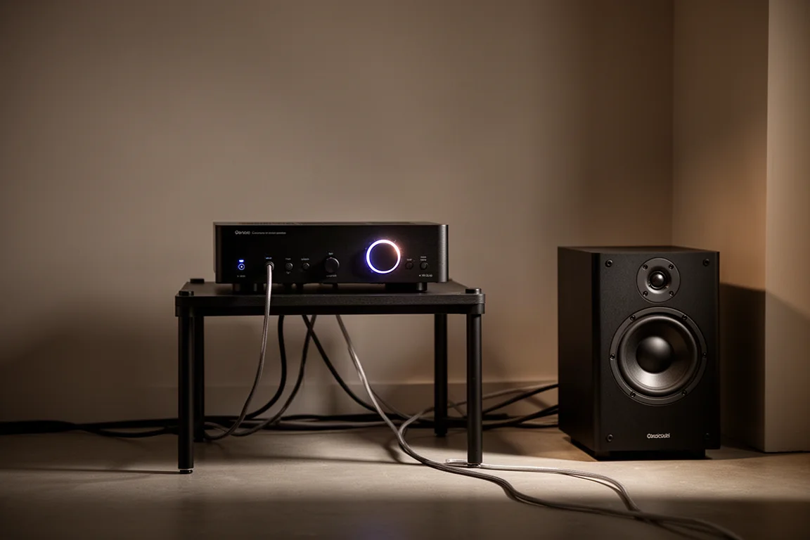 Amplificateur et caisson de basses dans une pièce d'écoute sombre avec câble au sol